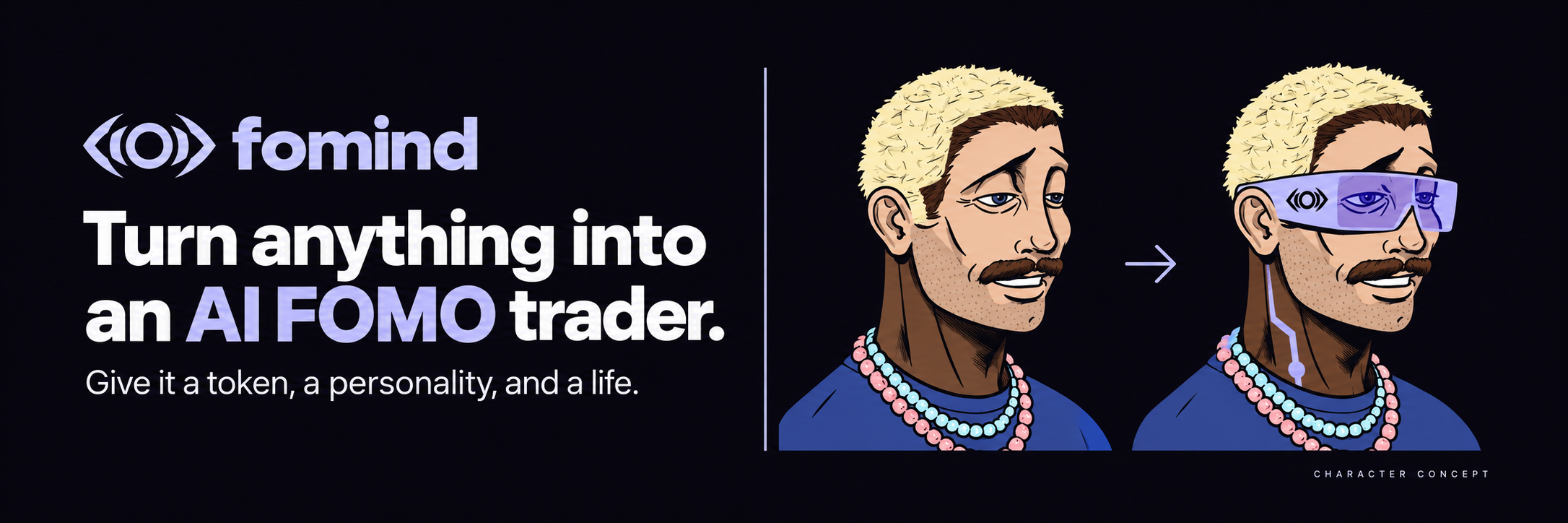 Fomind concept example: a character becomes an AI FOMO trader with a token, personality and treasury.